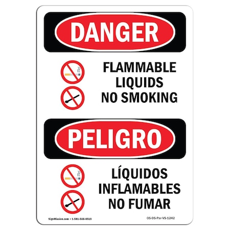 OSHA Danger, Flammable Liquids No Smoking Bilingual, 5in X 3.5in Decal, 10PK